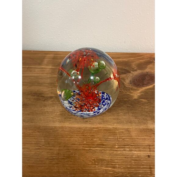 Hand Blown Art Glass Paperweight Red Flower Burst Swirl 2 lb Controlled Bubble - Picture 4 of 8